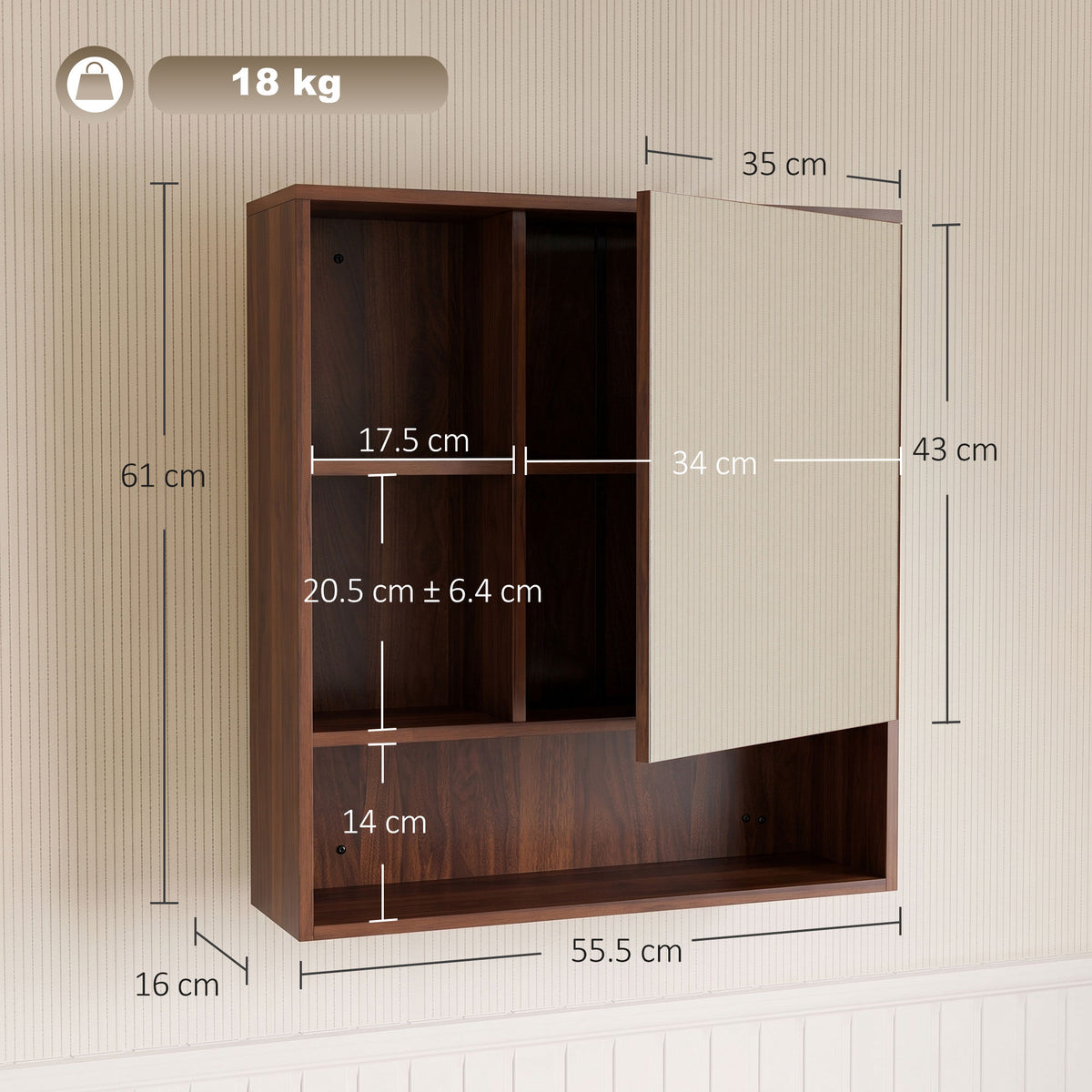 Wall-Mounted Bathroom Mirror Cabinet with Adjustable Shelves - Walnut Brown