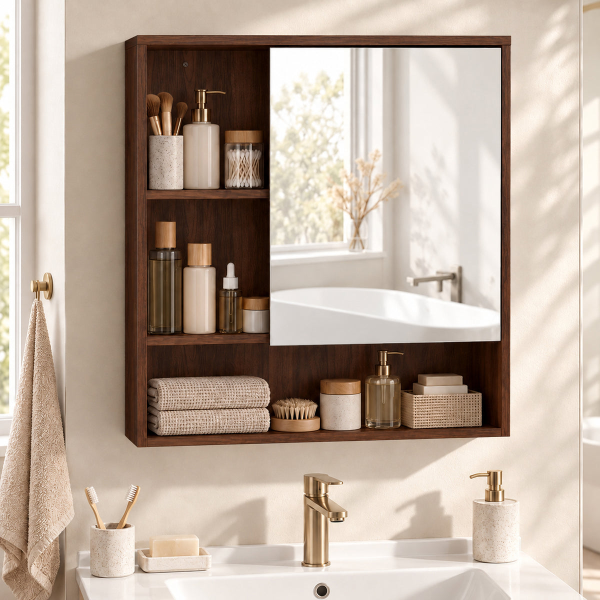 Wall-Mounted Bathroom Mirror Cabinet with Adjustable Shelves - Walnut Brown
