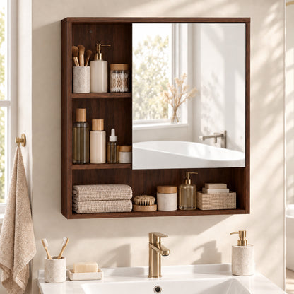 Wall-Mounted Bathroom Mirror Cabinet with Adjustable Shelves - Walnut Brown