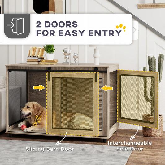 Dog Crate Furniture, Dog Cage End Table with Sliding Barn Door, Dog Pet Kennel for Extra Large Dogs, 118 x 75.5 x 82cm, Walnut Brown