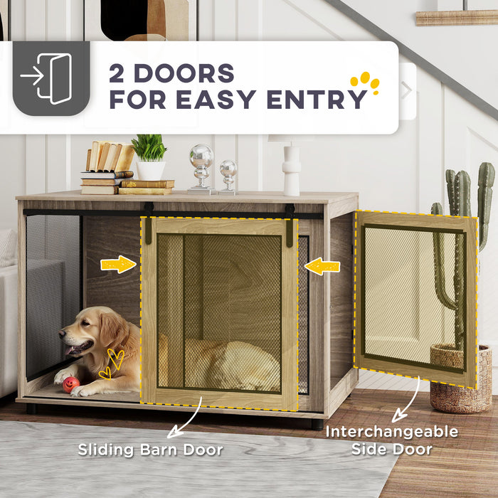 Dog Crate Furniture, Dog Cage End Table with Sliding Barn Door, Dog Pet Kennel for Extra Large Dogs, 118 x 75.5 x 82cm, Walnut Brown