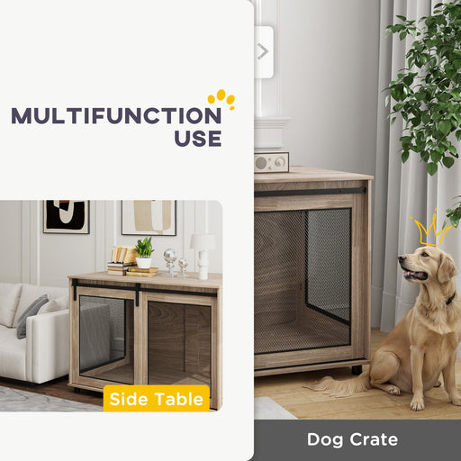 Dog Crate Furniture, Dog Cage End Table with Sliding Barn Door, Dog Pet Kennel for Extra Large Dogs, 118 x 75.5 x 82cm, Walnut Brown