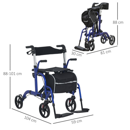 2 in 1 Wheelchair & Folding Rollator Walker Combo, Pearl Blue