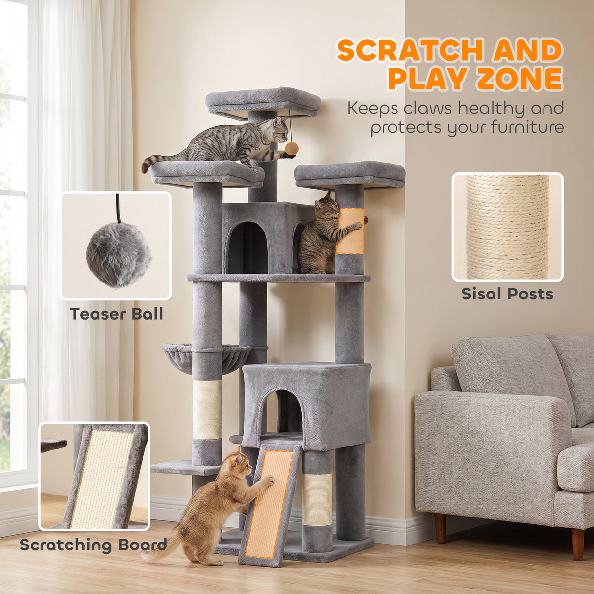 184cm Cat Tree with 2 Condos, 3 Beds and Hammock - Dark Grey