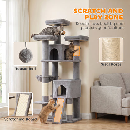 184cm Cat Tree with 2 Condos, 3 Beds and Hammock - Dark Grey
