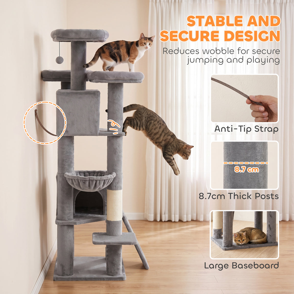 184cm Cat Tree with 2 Condos, 3 Beds and Hammock - Dark Grey