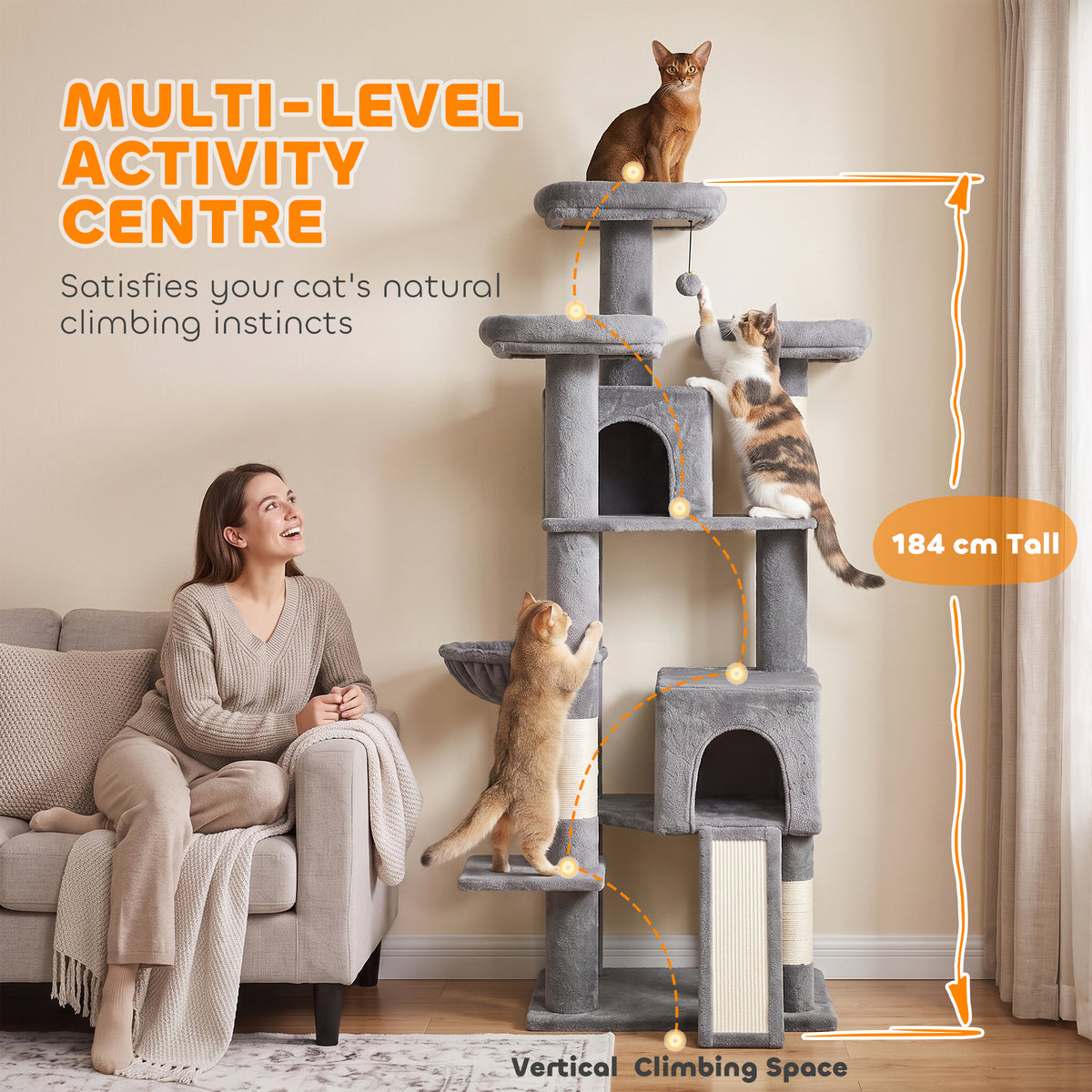 184cm Cat Tree with 2 Condos, 3 Beds and Hammock - Dark Grey