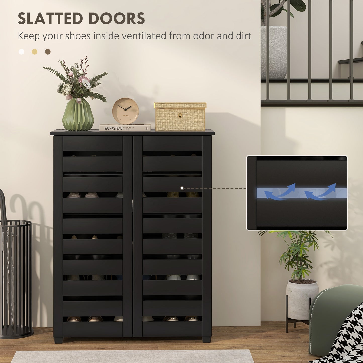 Shoe Storage Cabinet with Slatted Doors for 15 Pairs of Shoes Black