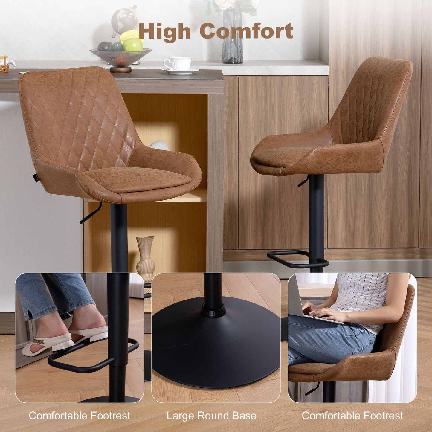 Bar Stools Set of 2, Adjustable Bar Chairs 360 Degree Swivel Orange