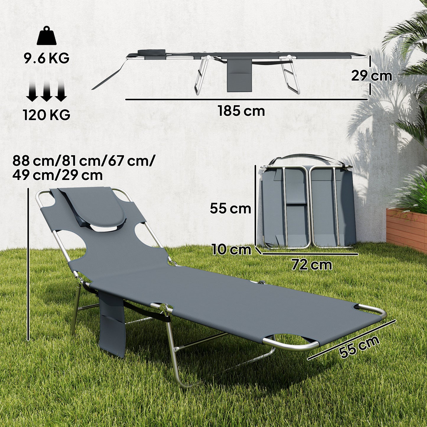 2 Sun Loungers with Reading Hole, Folding Garden Lounger, Dark Grey