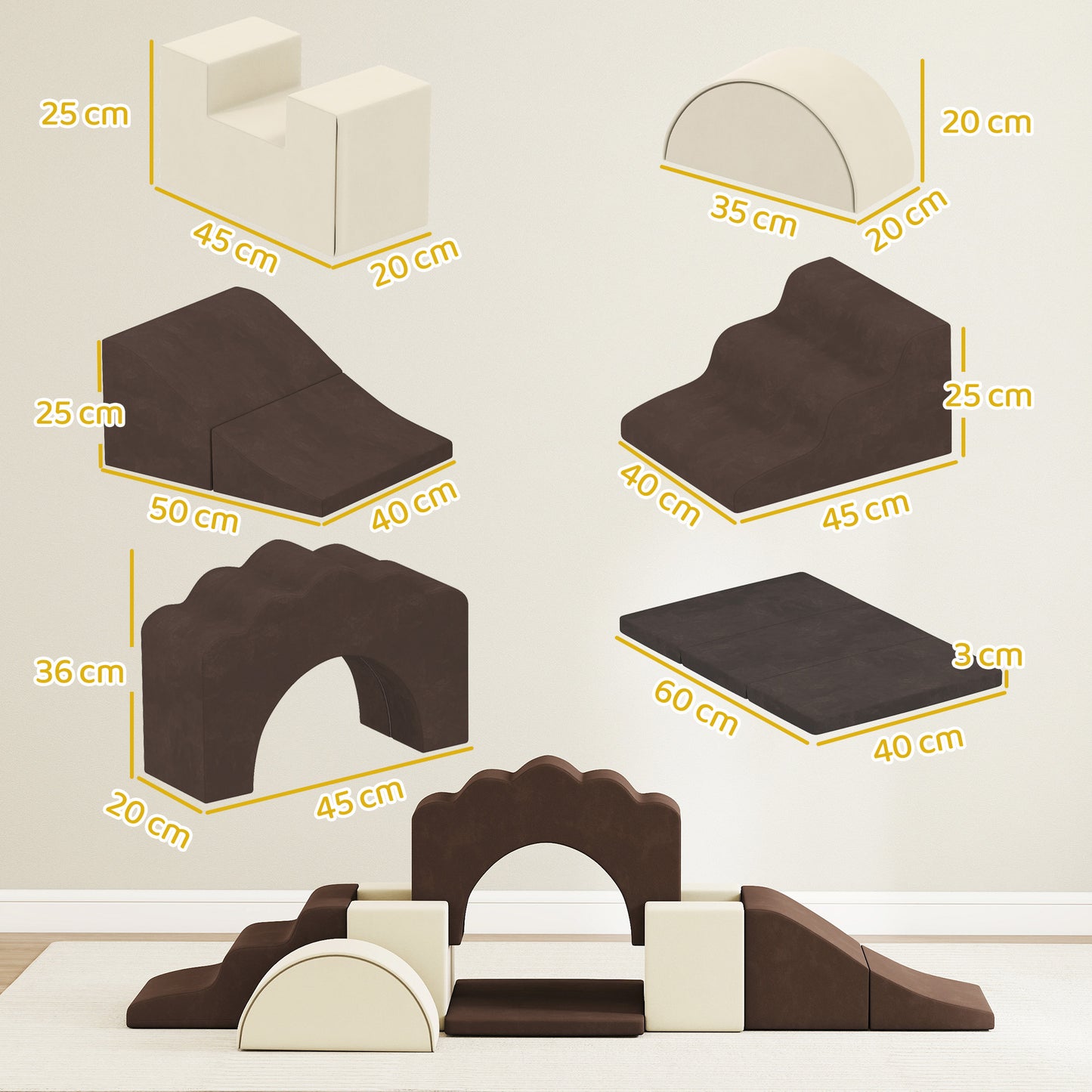 Kids Soft Play Set, 7PCS Foam Climbing Blocks with Anti-Slip Base, Montessori Inspired Climb and Crawl Foam Blocks, Indoor Kids Soft Play Set for Toddlers 1-3 Motor Skills, Brown
