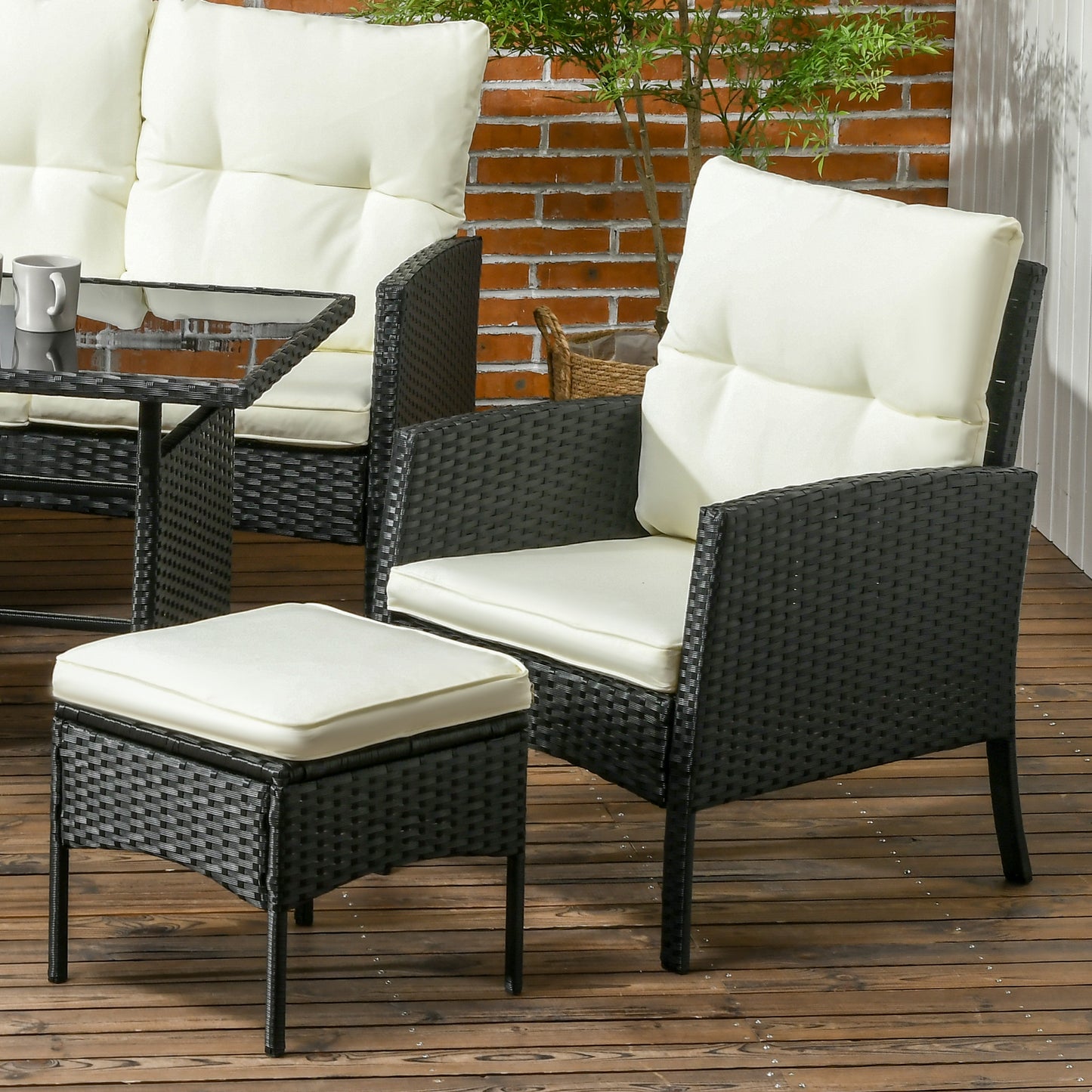 5 Seater Rattan Garden Furniture Set Wicker Armchairs Footstools and Glass Table Patio Rattan  Sets with Cushions, Black