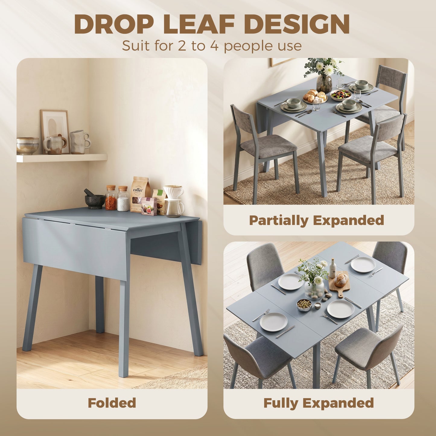 Solid Wood Folding Dining Table, Drop Leaf Table for 2-4 People,  Rectangle Kitchen Table for Small Space, Grey