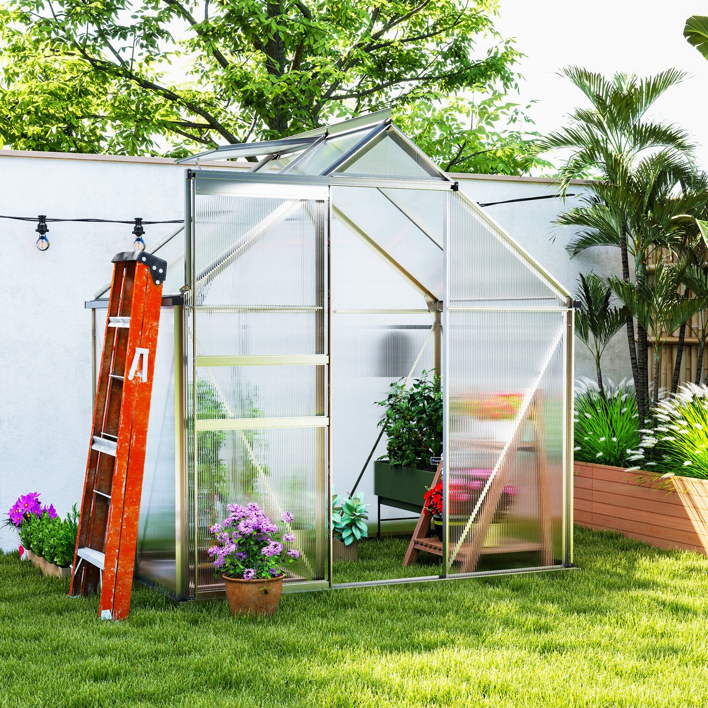 Polycarbonate Walk-in Garden Greenhouse w/ Sliding Door Silver Tone