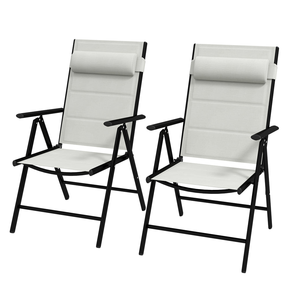 Set of 2 Patio Folding Chairs w/ Adjustable Back, Garden Dining Chairs w/ Breathable Mesh Fabric Padded Seat, Backrest, Headrest, Grey