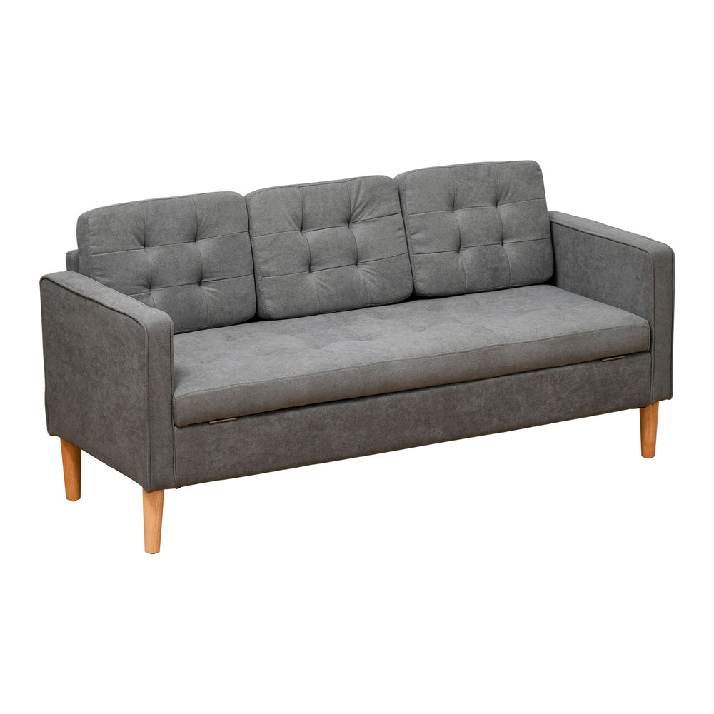 Modern 3-Seater Sofa Button-Tufted Fabric Couch with Hidden Storage Rubberwood Legs for Living Room, Grey