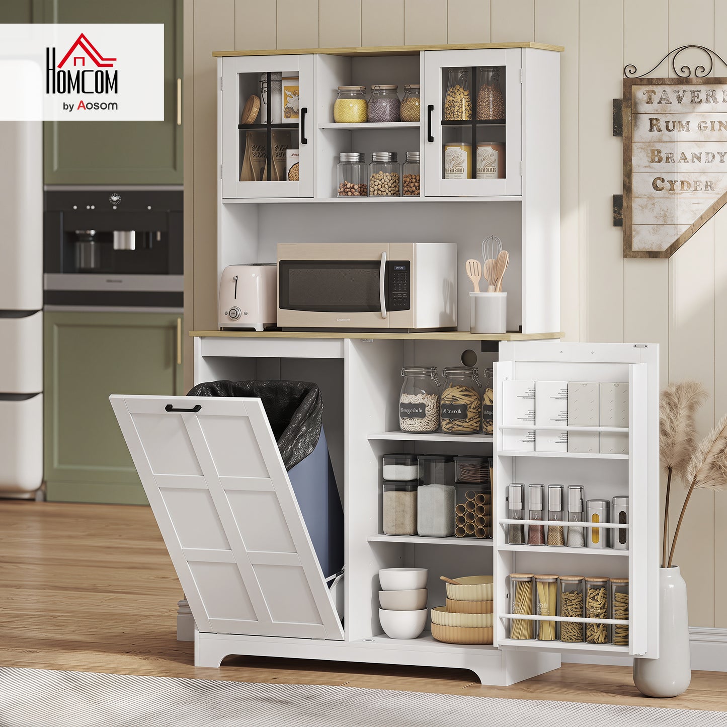 175cm Tall Kitchen Cabinet with Rubbish Bin, White