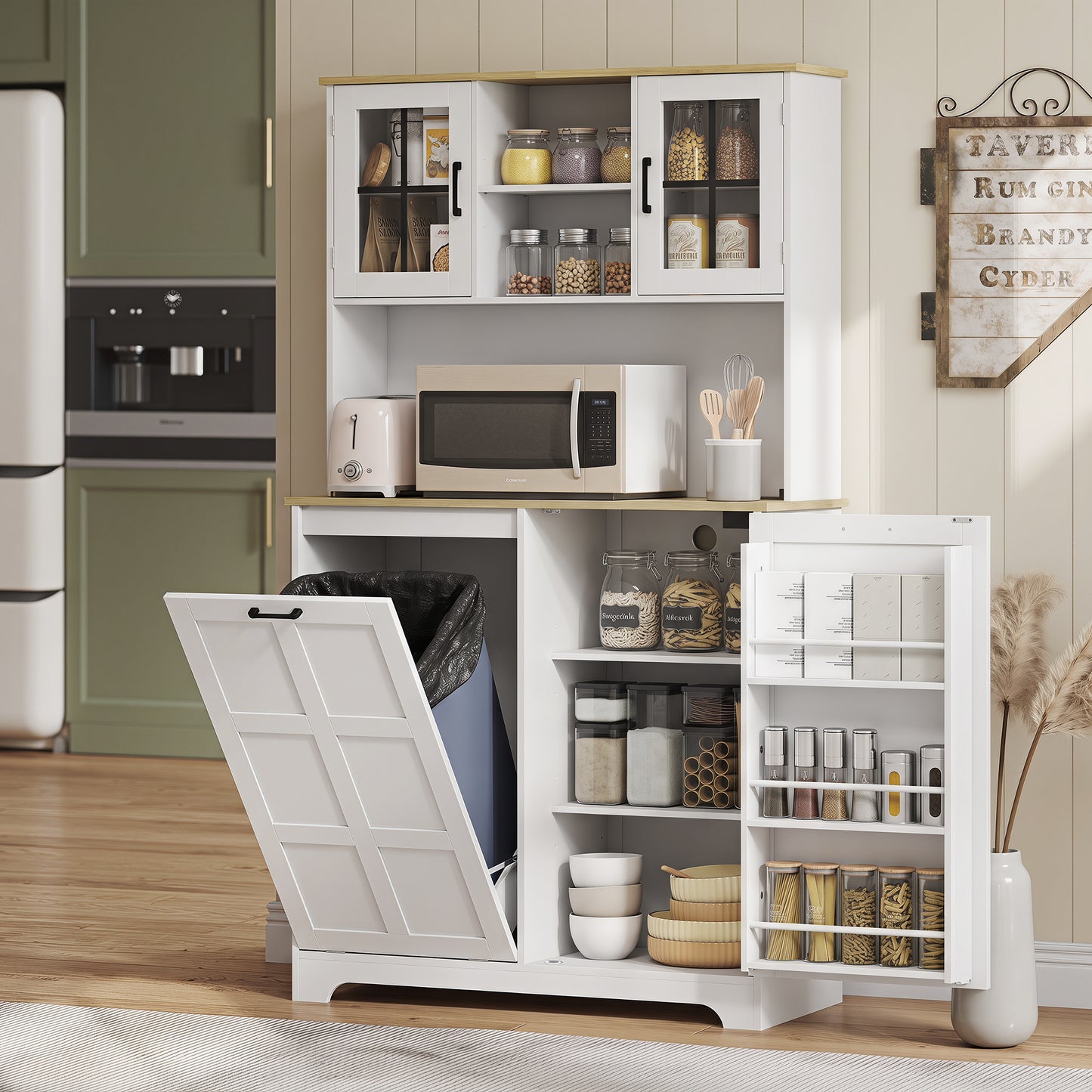 175cm Tall Kitchen Cabinet with Rubbish Bin, White