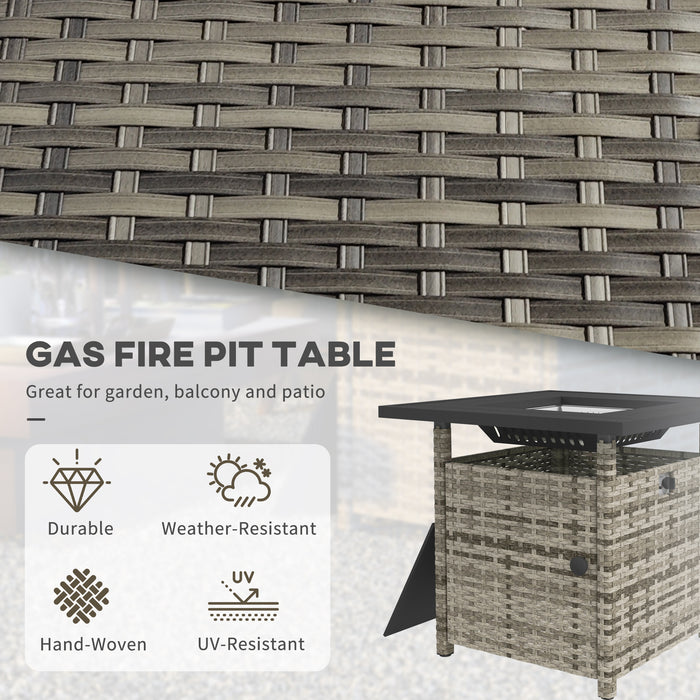 Outdoor PE Rattan Fire Pits for Garden, 50,000 BTU Propane Fire Pit Table with Glass Wind Guard, Mixed Grey