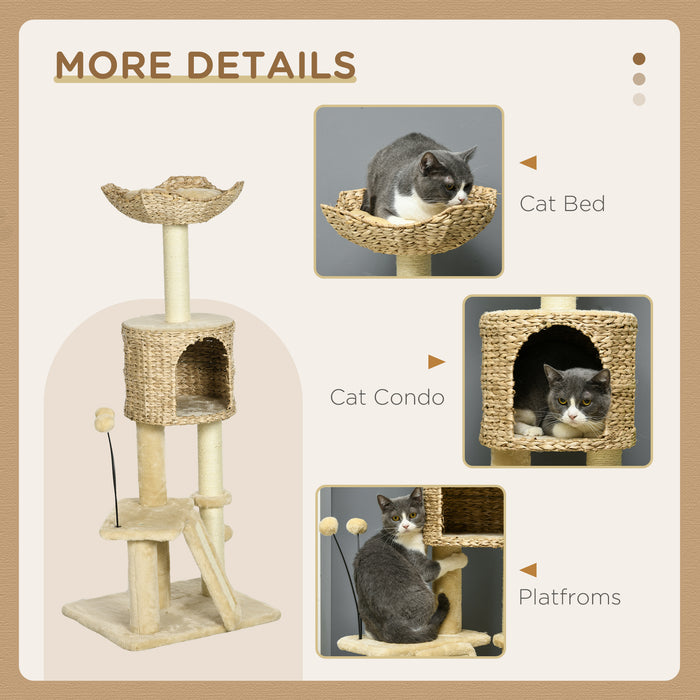 Cat Tree Tower with Scratching Post, Cat House, Bed, Toy Ball, Platform - Beige