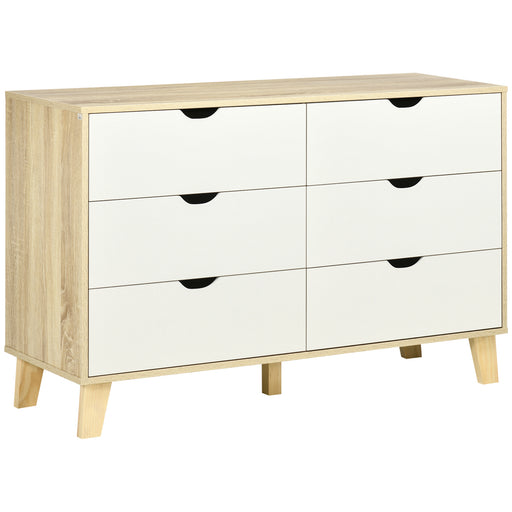 Wide Chest of Drawers, 6-Drawer Storage Organiser Unit with Wood Legs for Bedroom, Living Room, White and Brown