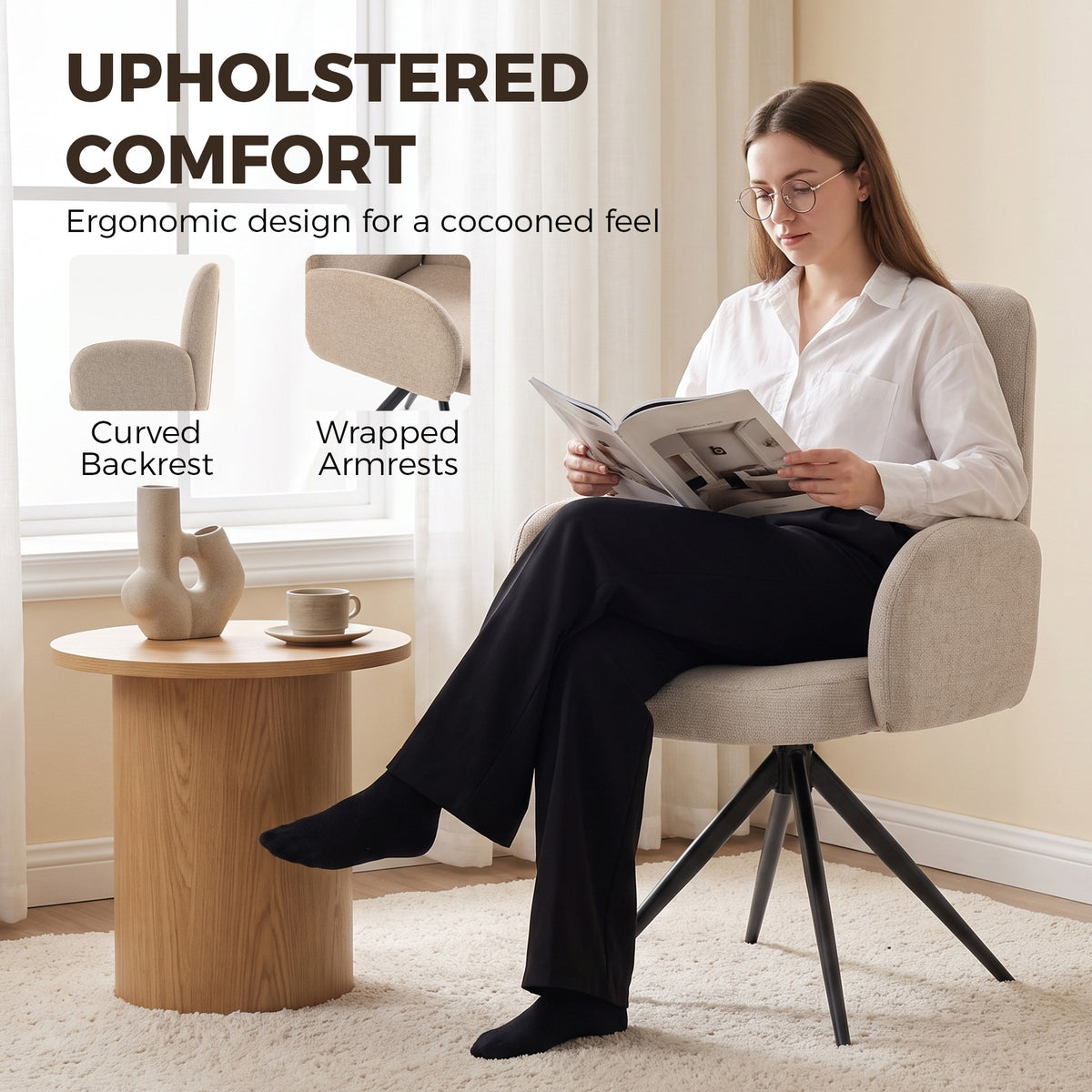Linen-Effect Swivel Accent Chair with Curved Backrest - Light Brown & Black