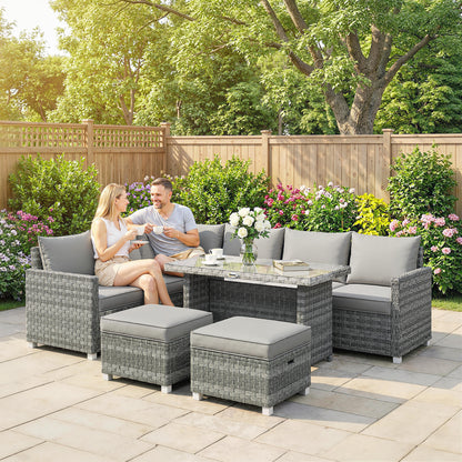 6 Seater Rattan Garden Furniture Set with 3 Sofas, 2 Footstools, Table, Patio Rattan Furniture Sofa Sets, Grey