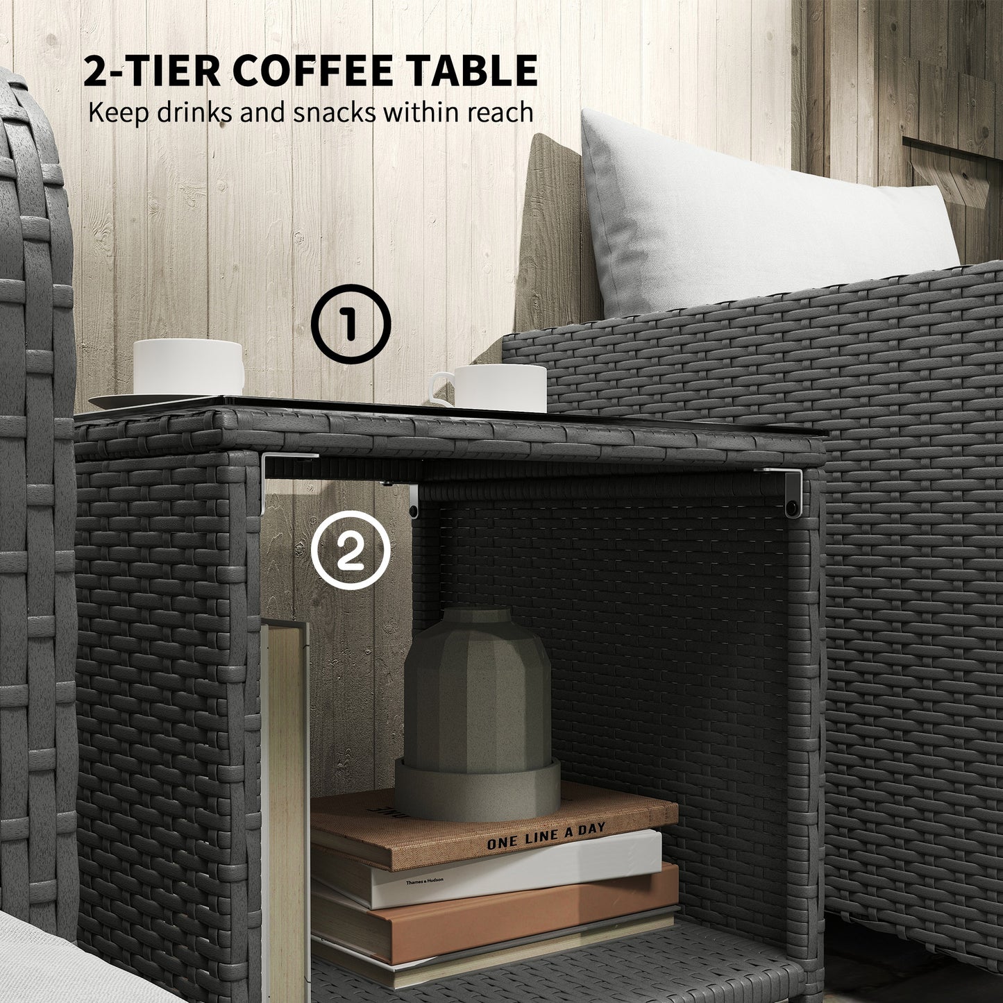 Wicker Patio Conversation Set with 2 Armchairs and 6 Cushions Cream