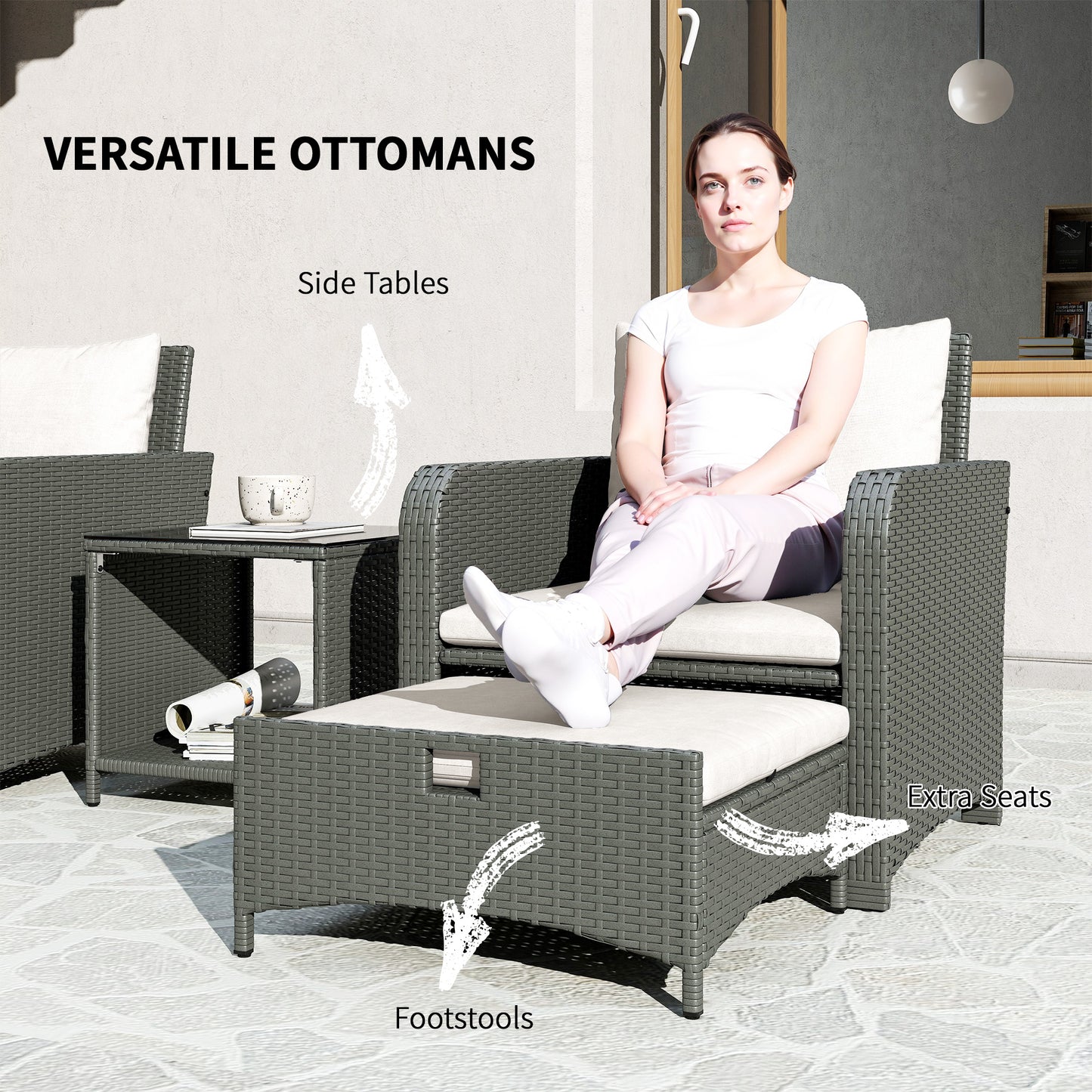 Wicker Patio Conversation Set with 2 Armchairs and 6 Cushions Cream