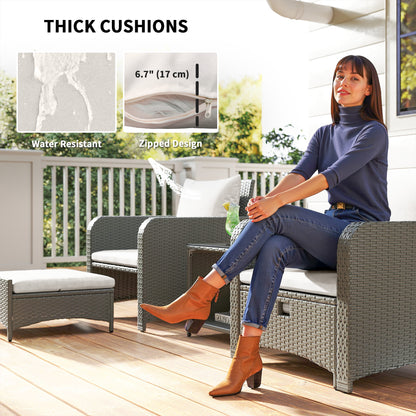 Wicker Patio Conversation Set with 2 Armchairs and 6 Cushions Cream