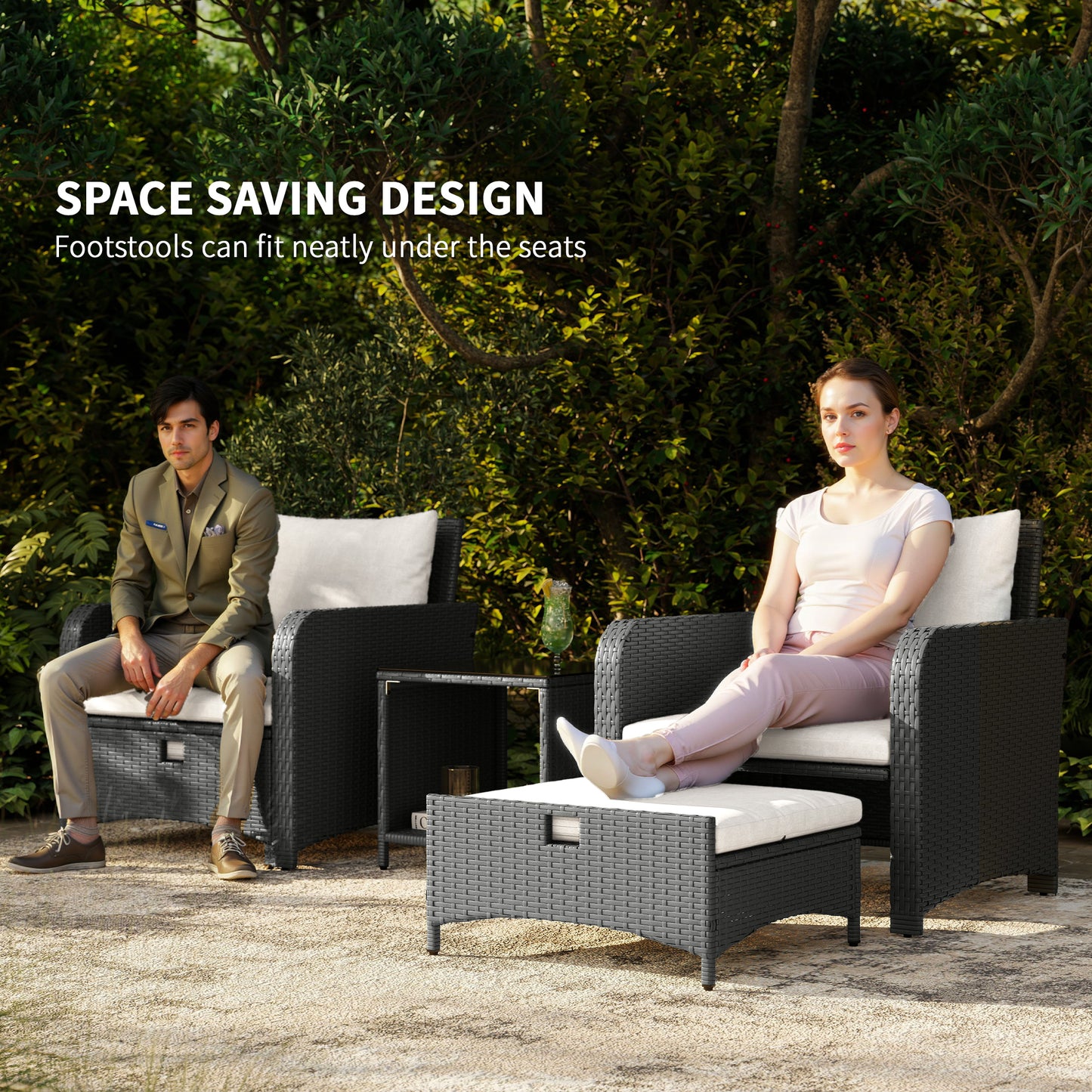 Wicker Patio Conversation Set with 2 Armchairs and 6 Cushions Cream