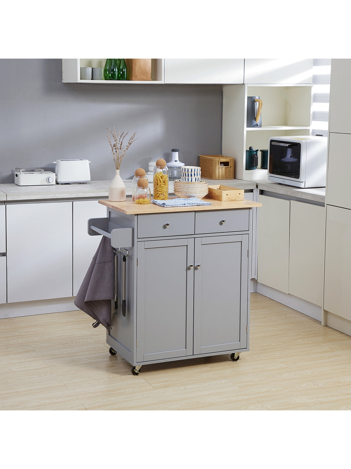 Rolling Kitchen Island, Utility Serving Cart with Rubber Wood Top Grey