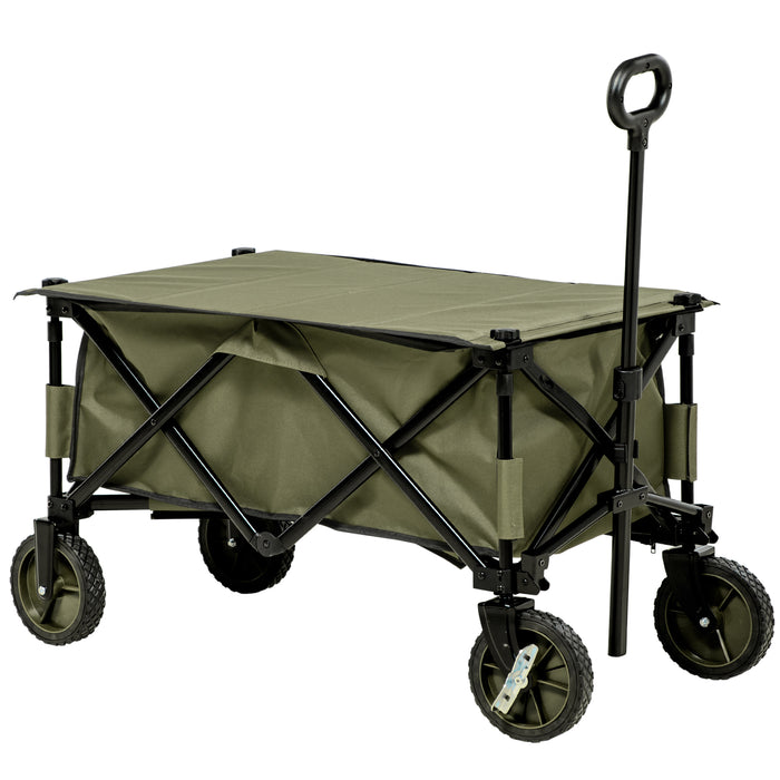 Folding Garden Trolley on Wheels, Collapsible Camping Trolley with Folding Board, Outdoor Utility Wagon with Steel Frame Oxford Fabric Green