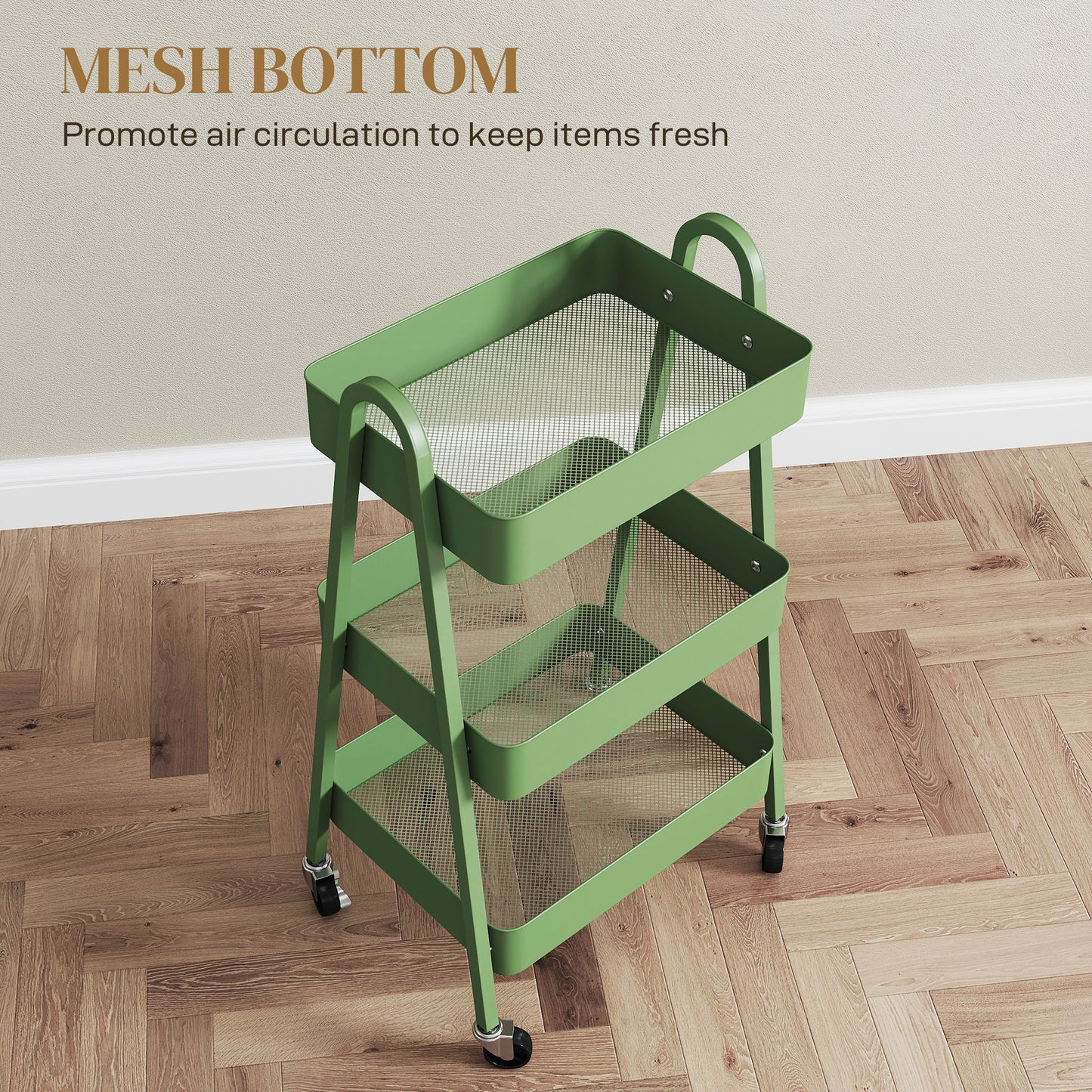 3-Tier Rolling Utility Cart Kitchen Storage Trolley on Wheels Green