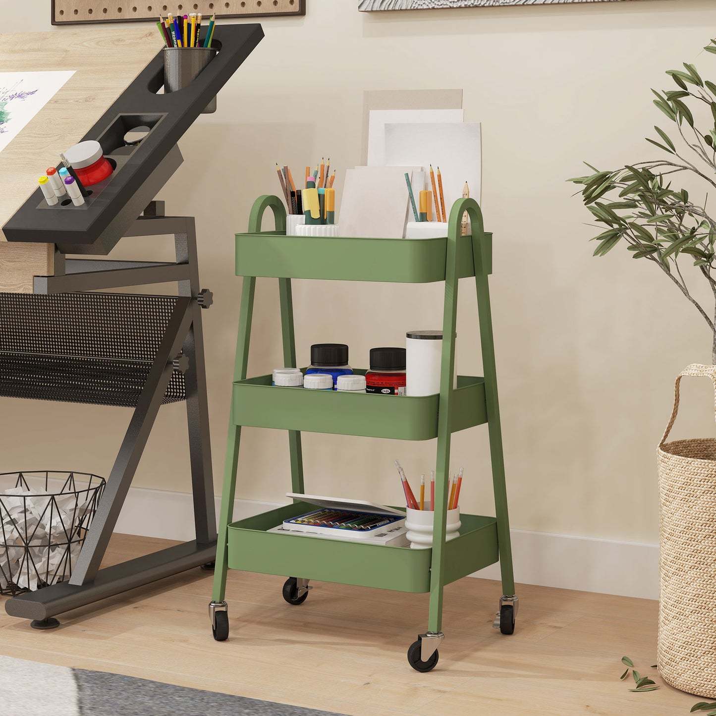 3-Tier Rolling Utility Cart Kitchen Storage Trolley on Wheels Green