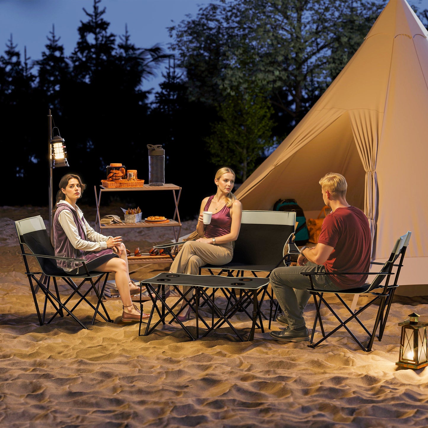 4 Piece Foldable Camping Table and Chairs Set, Grey