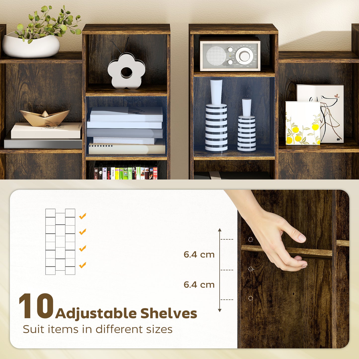 Tall Bookshelf with 21 Compartments and 10 Adjustable Shelves, Brown