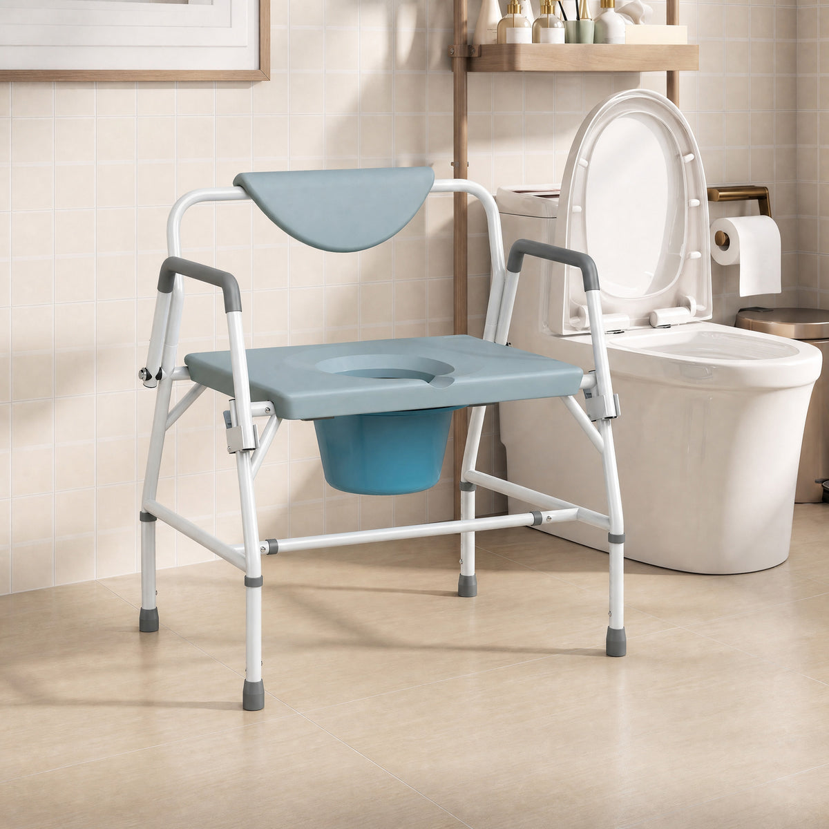 3-in-1 Height-Adjustable Bedside Commode with Flip-Up Arms - White & Grey