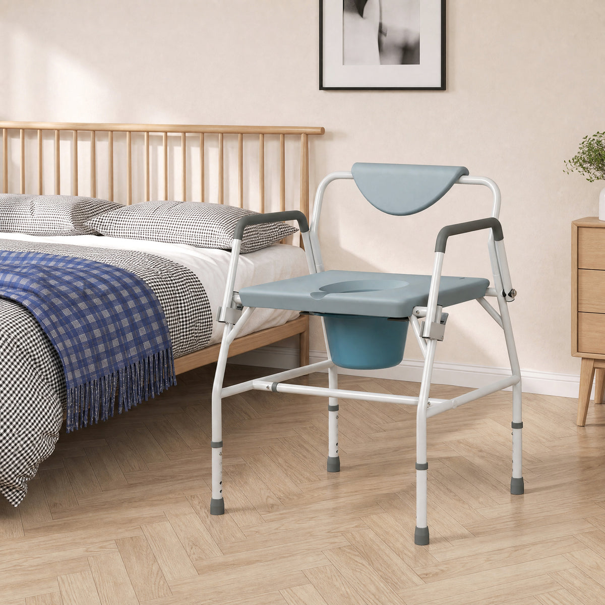 3-in-1 Height-Adjustable Bedside Commode with Flip-Up Arms - White & Grey