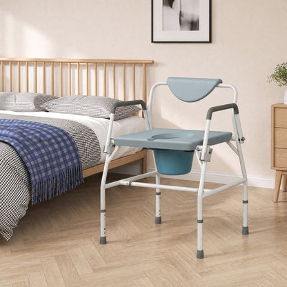 3-in-1 Height-Adjustable Bedside Commode with Flip-Up Arms - White & Grey