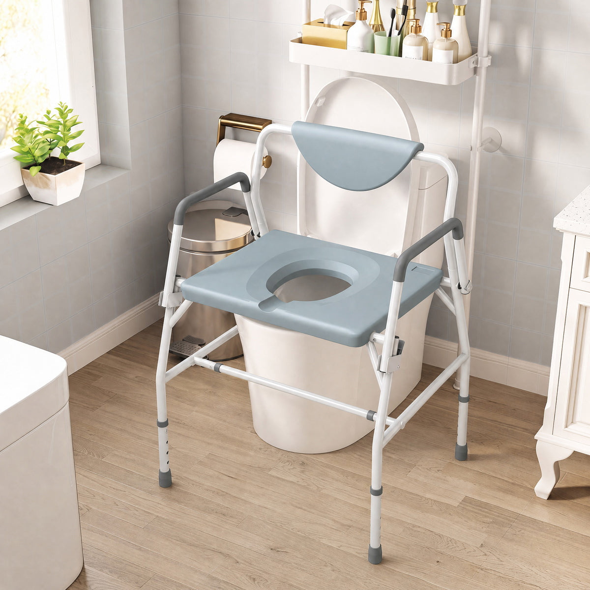 3-in-1 Height-Adjustable Bedside Commode with Flip-Up Arms - White & Grey
