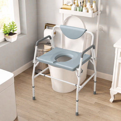 3-in-1 Height-Adjustable Bedside Commode with Flip-Up Arms - White & Grey