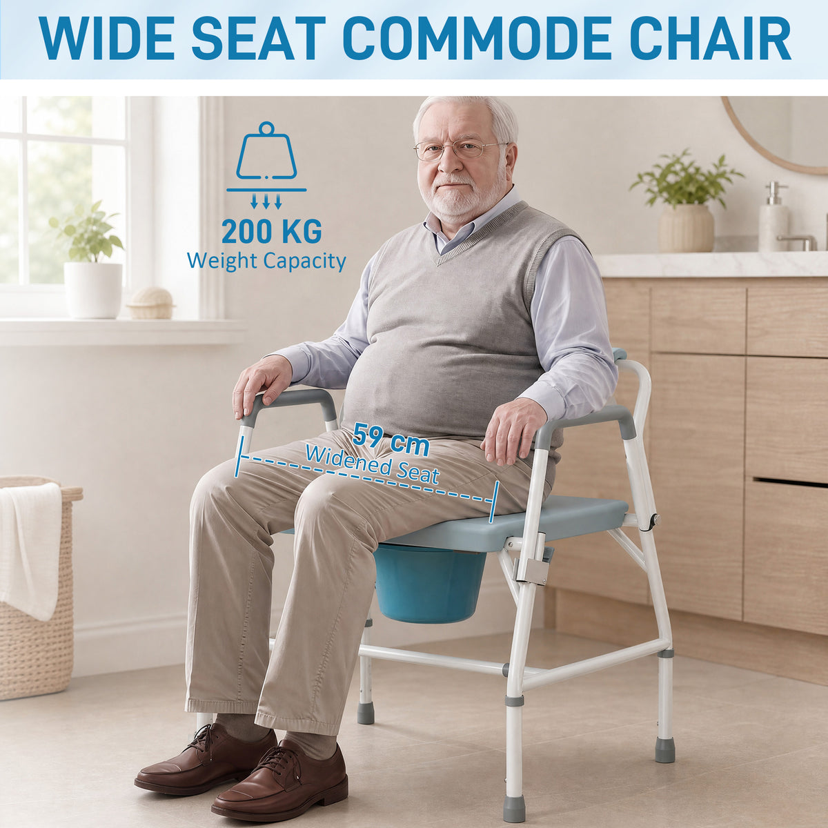 3-in-1 Height-Adjustable Bedside Commode with Flip-Up Arms - White & Grey