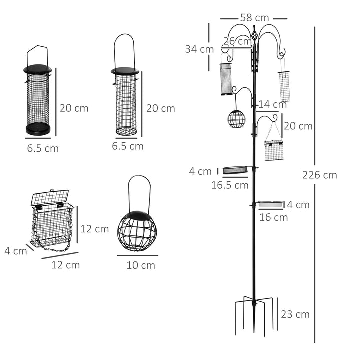 Bird Feeding Station Kit, Wild Bird Feeder Pole with 6 Hooks, 4 Hanging Feeders for Peanuts, Seed, Fat Balls, for Garden, Outdoor, Black