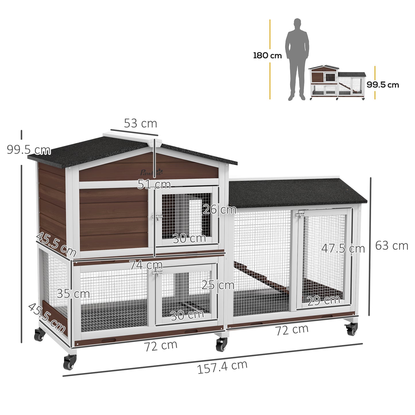 Rabbit Hutch, Bunny Cage Outdoor 2-Tier w/ Wheels & Tray, Brown