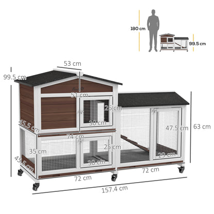 Rabbit Hutch, Bunny Cage Outdoor 2-Tier w/ Wheels & Tray, Brown