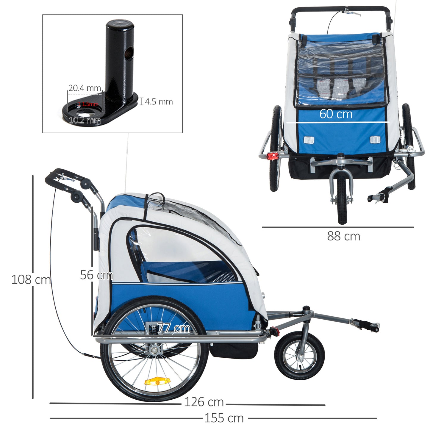 Bike Trailer 2-Seater for Bicycle Baby Child Jogger with Removable Canopy Storage Pocket Outdoor Steel Frame Blue
