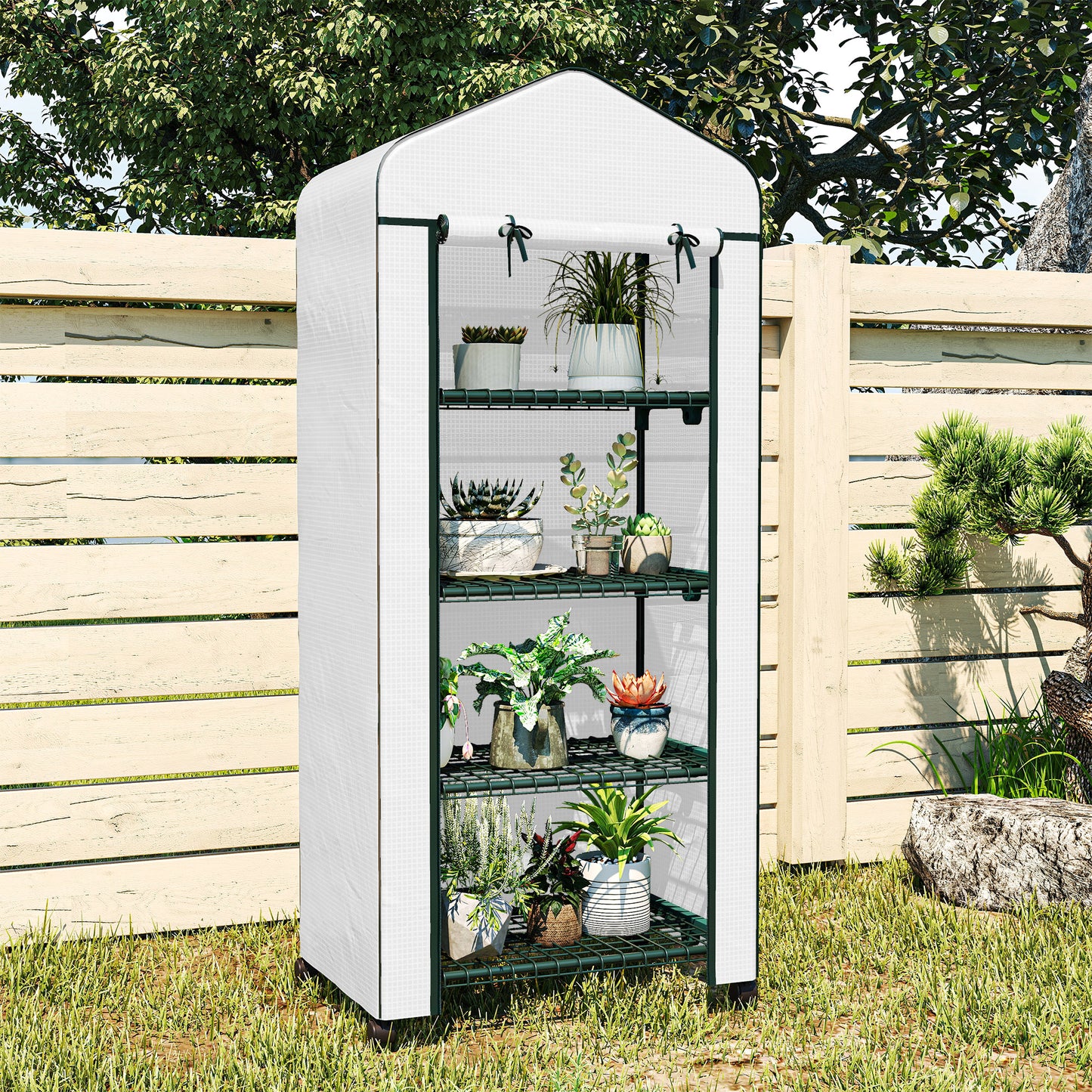 4 Tiers Mini Portable Greenhouse Compact Plant Grow Shed Metal Frame Transparent Clear Cover 165H x 69L x 50W cm, White