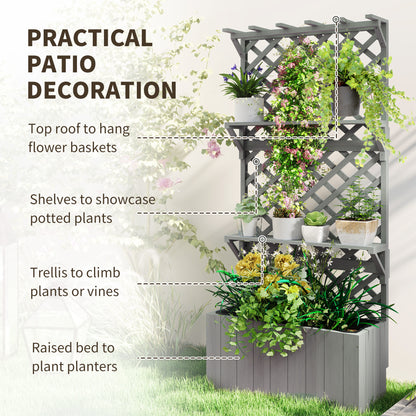 Wooden Raised Planter with Trellis and 2 Shelves, Grey