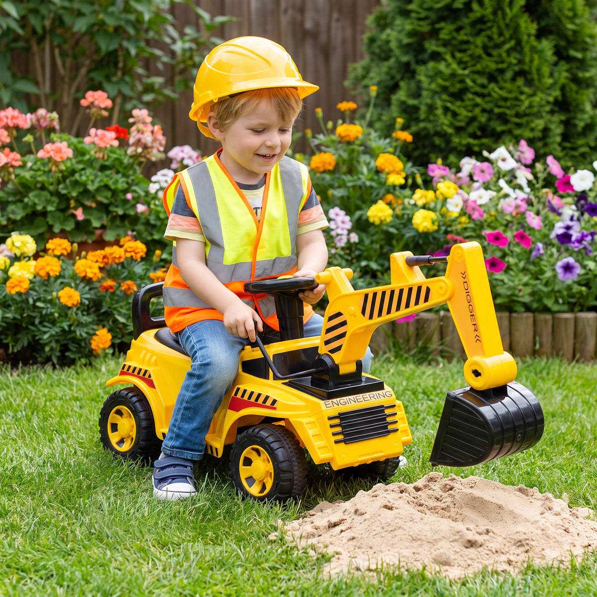 Kids' Foot-Powered Ride-On Digger with Movable Bucket - Yellow & Black